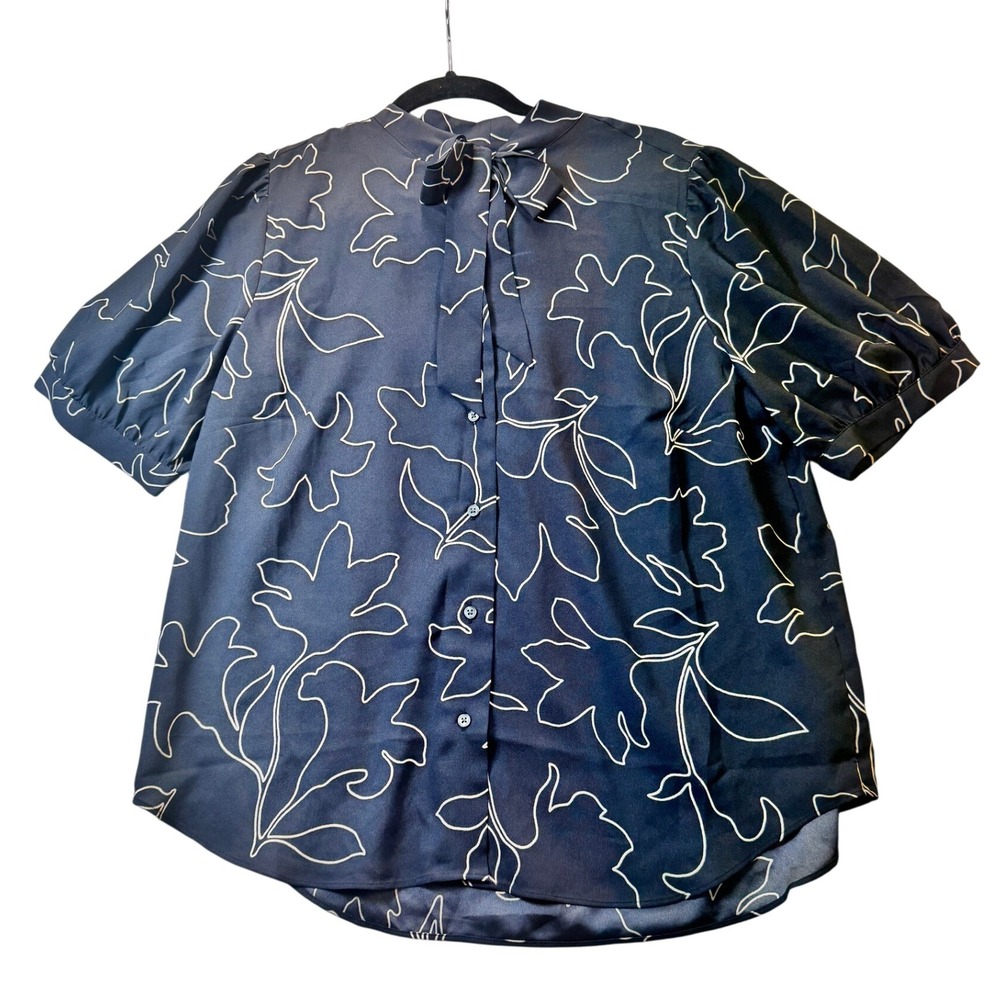 Ann Taylor Navy Blue Floral Bow Neck Puff Sleeve Button Up Shirt Top Size L NEW